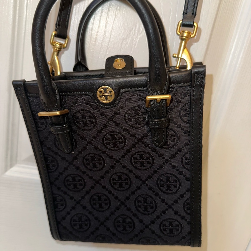 Tory Burch Black Mini Tote with Gold Hardware Accents